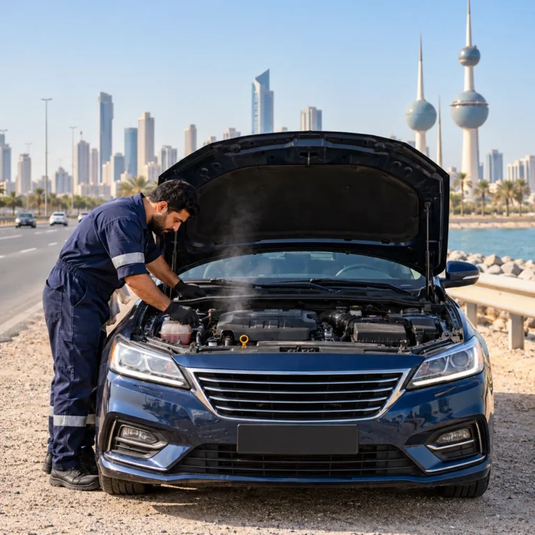 فني يفحص محرك سيارة ارتفعت حرارته على الطريق في الكويت