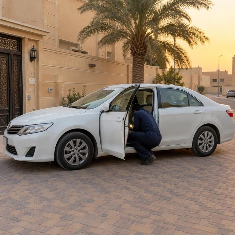 فني كهرباء سيارات متنقل يفحص أسفل لوحة القيادة لسيارة سيدان بيضاء متوقفة أمام منزل في الكويت وقت الغروب