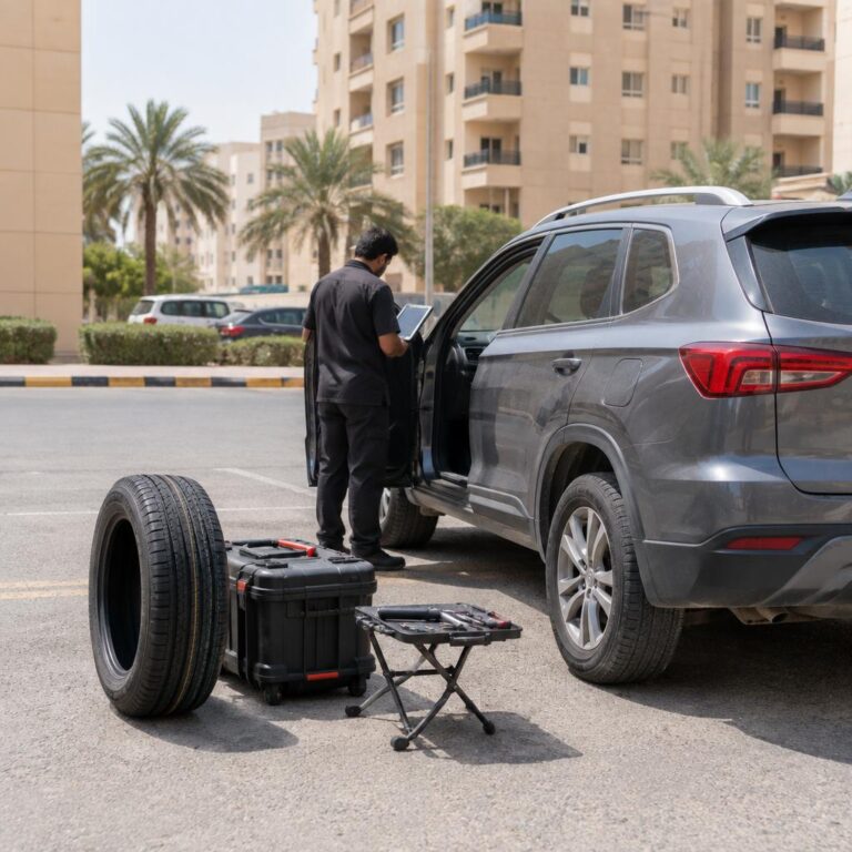 فني خدمة متنقلة يقف بجانب سيارة دفع رباعي رمادية في موقف سكني بالكويت وبجانبها إطار جديد على الأرض قبل التركيب