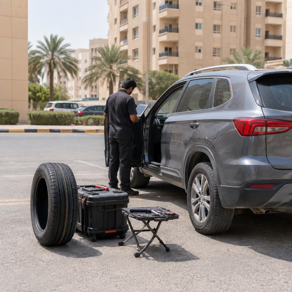 فني خدمة متنقلة يقف بجانب سيارة دفع رباعي رمادية في موقف سكني بالكويت وبجانبها إطار جديد على الأرض قبل التركيب