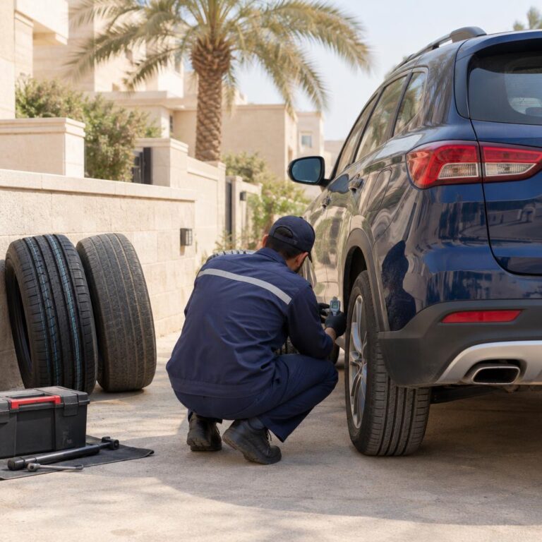 فني خدمة متنقلة يقارن إطاراً جديداً بإطار مستهلك بجانب سيارة كروس أوفر زرقاء أمام منزل في الكويت