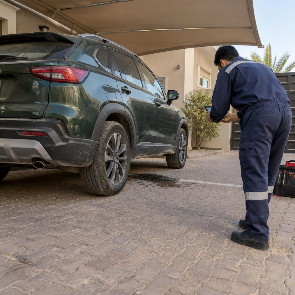 فني خدمة متنقلة يقف على مسافة من سيارة دفع رباعي خضراء داكنة داخل مظلة منزل في الكويت ويصوّر بقعة مبللة على الأرض