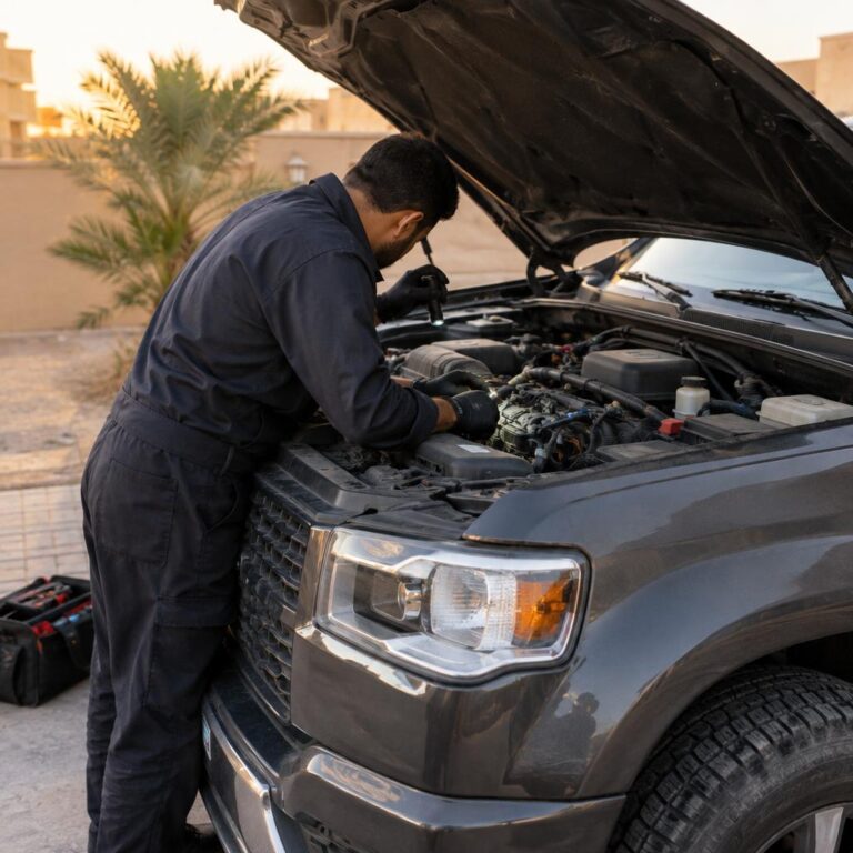 فني خدمة متنقلة ينحني فوق محرك سيارة بيك أب رمادية مفتوحة الغطاء في ممر منزل بالكويت وقت العصر