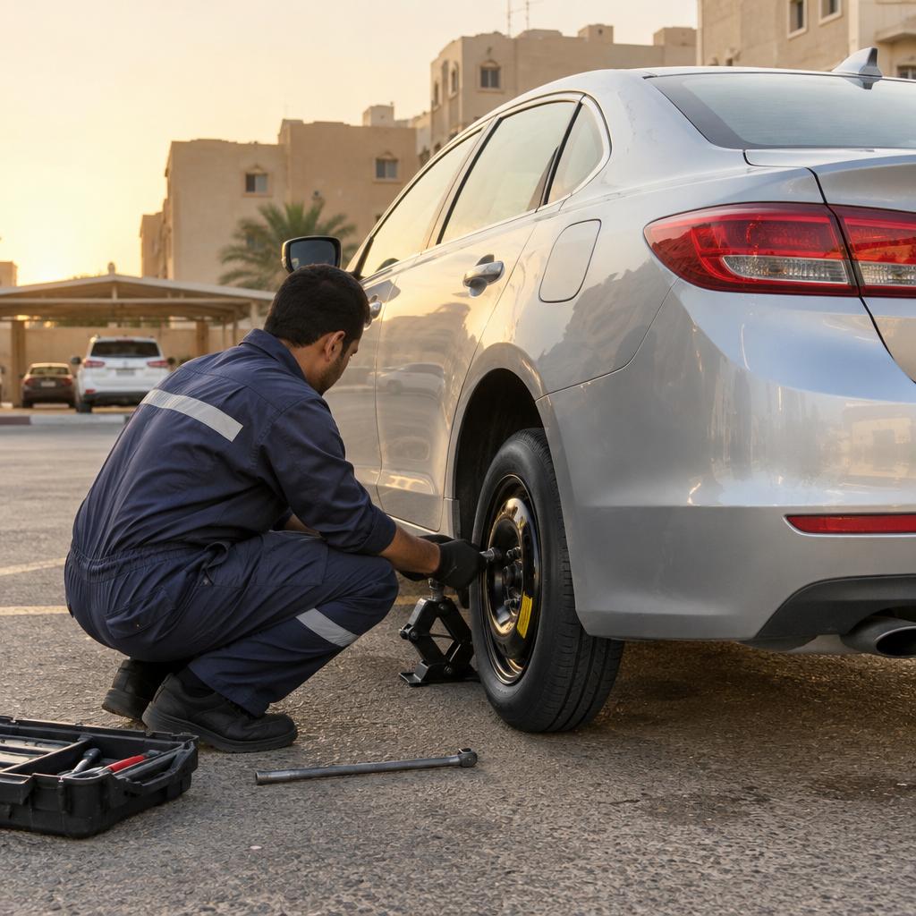 فني خدمة متنقلة ينحني قرب عجلة احتياطي صغيرة مركّبة على سيارة سيدان فضية في موقف سكني بالكويت