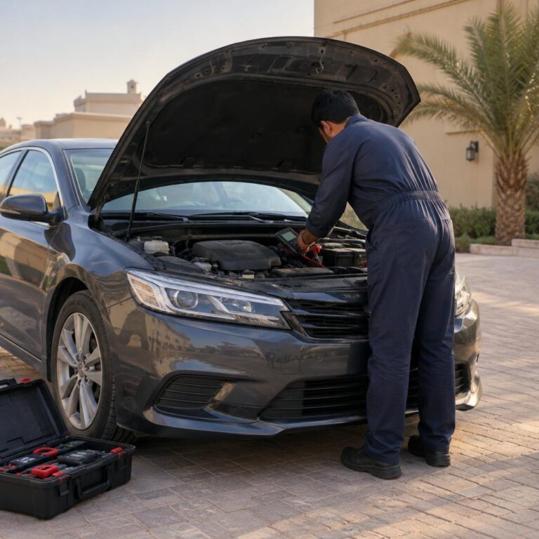 فني خدمة متنقلة ينحني فوق محرك سيارة سيدان رمادية مفتوحة الغطاء في ممر منزل بالكويت ويمسك جهاز فحص بطارية