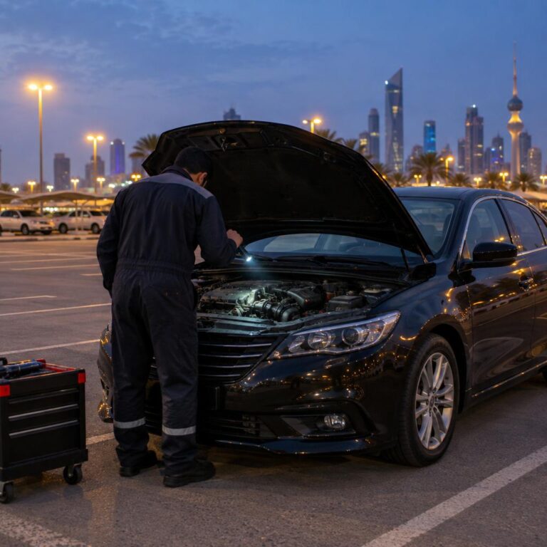 فني خدمة متنقلة يضيء بكشاف يدوي منطقة السير في محرك سيارة سيدان سوداء مفتوحة الغطاء في موقف مجمع تجاري بالكويت وقت الغسق