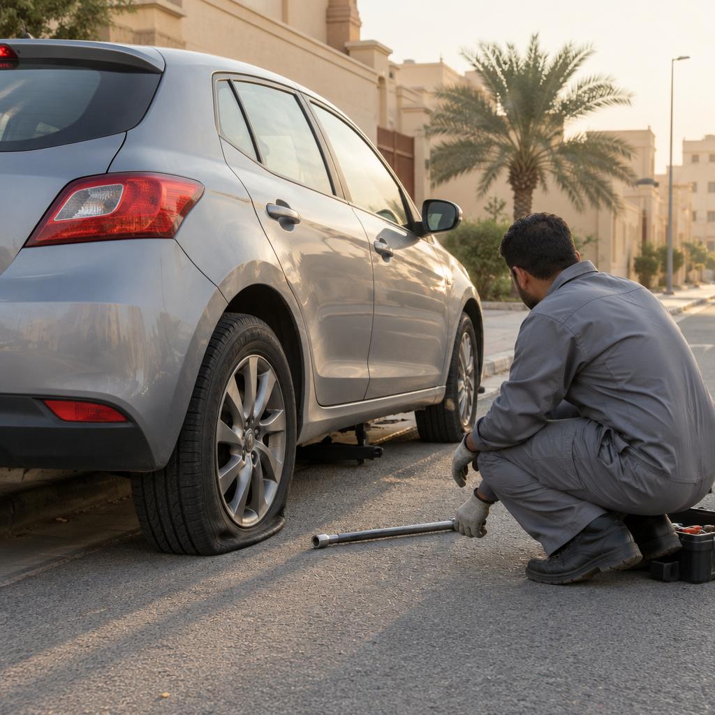 فني خدمة متنقلة يقف على مسافة من سيارة هاتشباك فضية بإطار خلفي مفرغ في شارع سكني بالكويت وقت الصباح