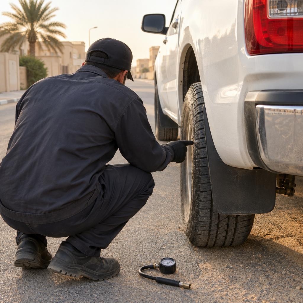 فني خدمة متنقلة يجلس بجانب العجلة الخلفية لسيارة بيك أب بيضاء ويظهر رأس مسمار في مداس الإطار في شارع سكني بالكويت